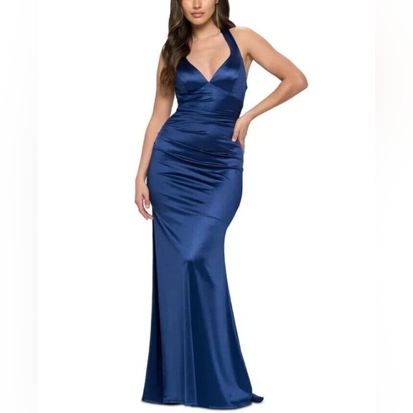 B. Darlin Marine Blue Satin Strappy Back Dress - Picture 4 of 10